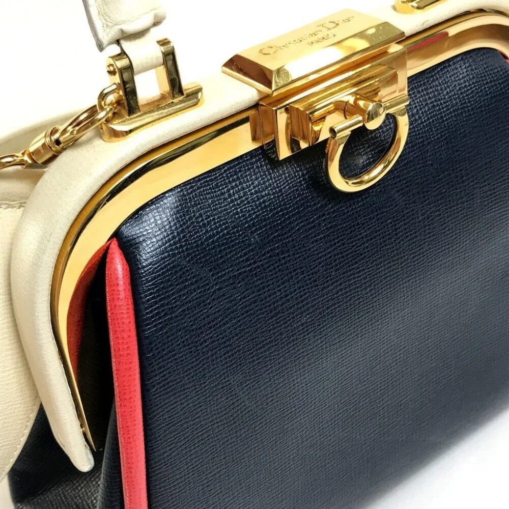 Authentic CHRISTIAN DIOR Tricolor Vintage Kisslock 2WAY Shoulder bag Hand Bag - Picture 4 of 8